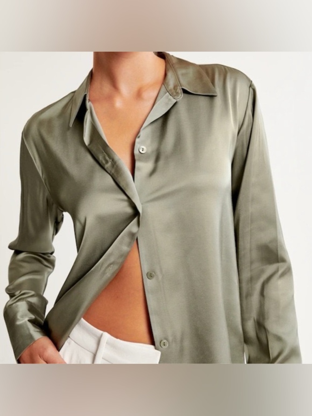 Abercrombie & Fitch Olive Satin Button-Up Shirt